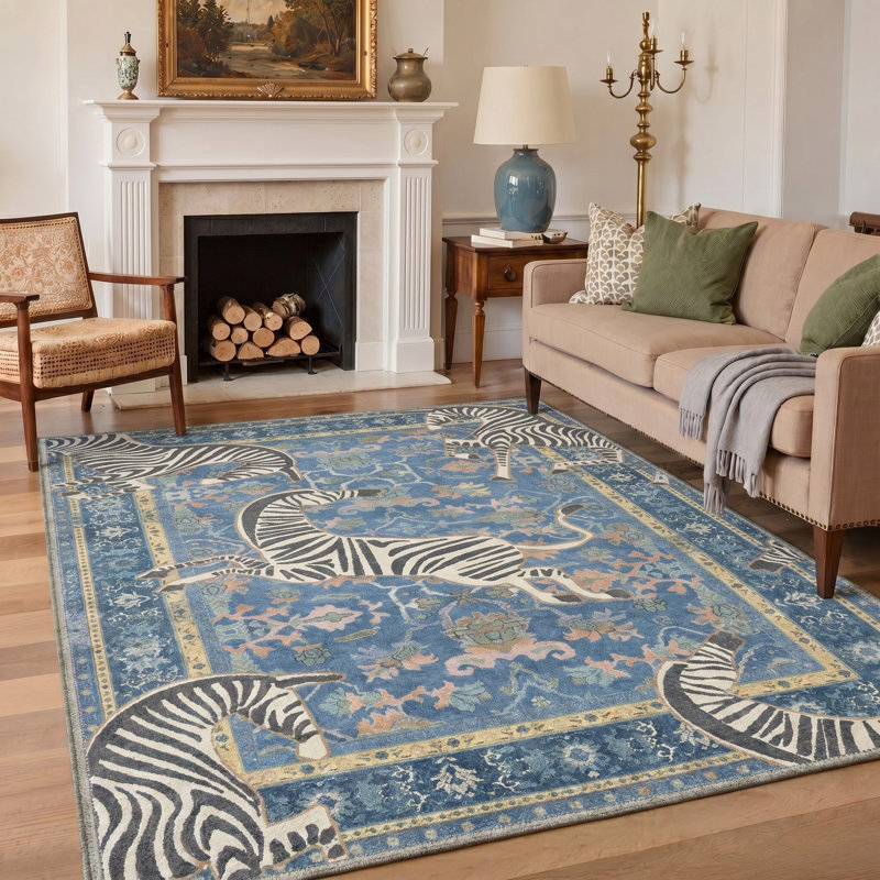 Allandale Zebra Print Blue Machine Washable Non-Slip Area Rug, Rectangle 9' x 12', Blue
