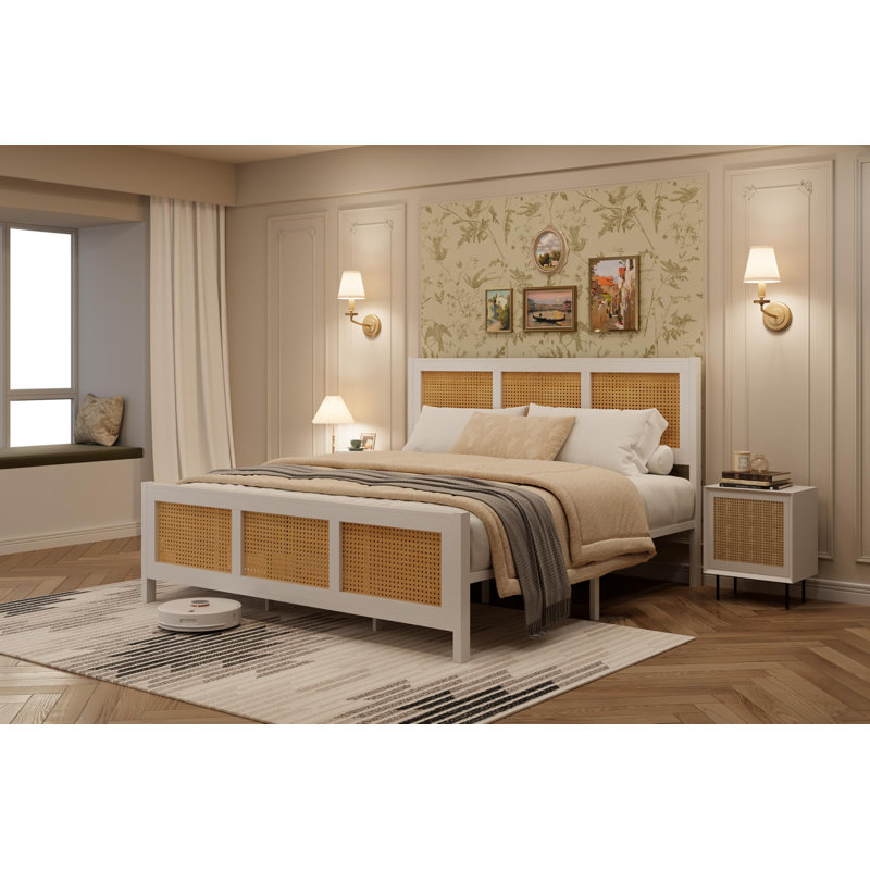 Structure de lit en rotin, lit plateforme en métal avec tête de lit en rotin naturel et base de matelas, silencieux, support de lattes en métal