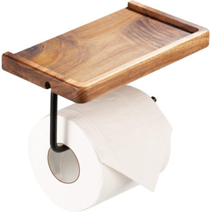 Porte-papier hygiénique en bois avec tablette de rangement, rouleau de papier hygiénique mural avec adhésif et fixation à vis pour téléphone, bougie, lingettes et pot à fleurs