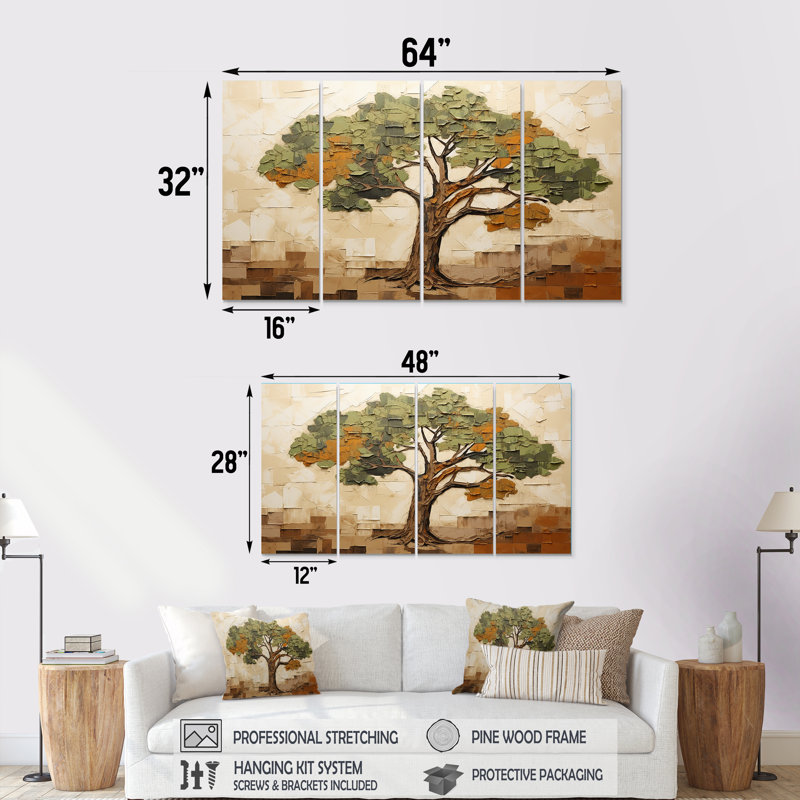 Green Baobab, arbre africain majestueux II - ensemble de 4 décorations murales arbre africain, H 32 po x l 64 po