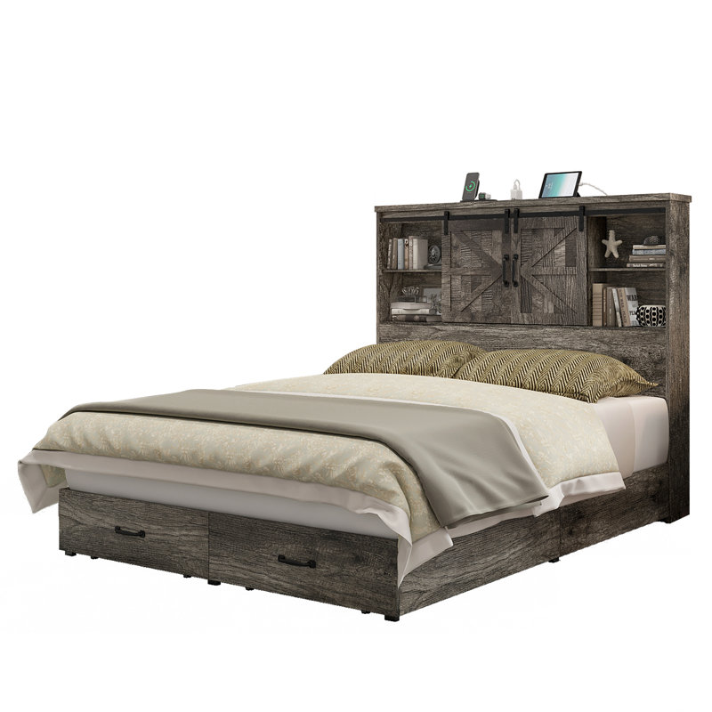 Rustic Brown Queen Wood Platform Bed with Bookcase Headboard and Storage