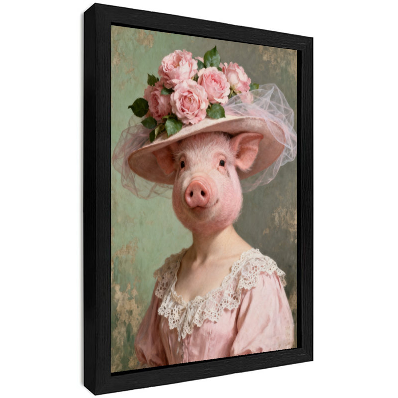 Art encadré noir avec cochon rose rétro, H 11 po x l 9 po