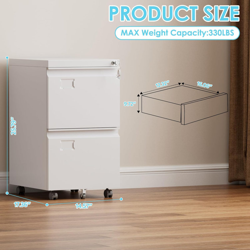 2 Drawer File Cabinet with Wheels, Lockable Metal Filing Cabinet with Business Card Slot for Legal/Letter Size Home Office, Required Assembled,White