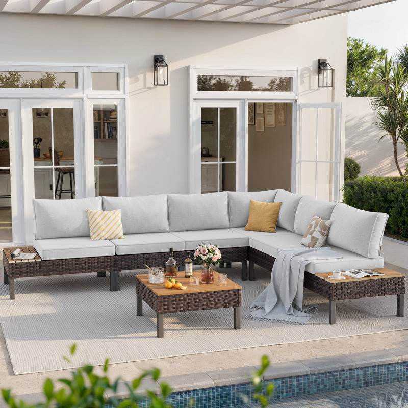 Outdoor 6-Person L-Shaped Metal Seating Group With Cushions, Beige; Gray