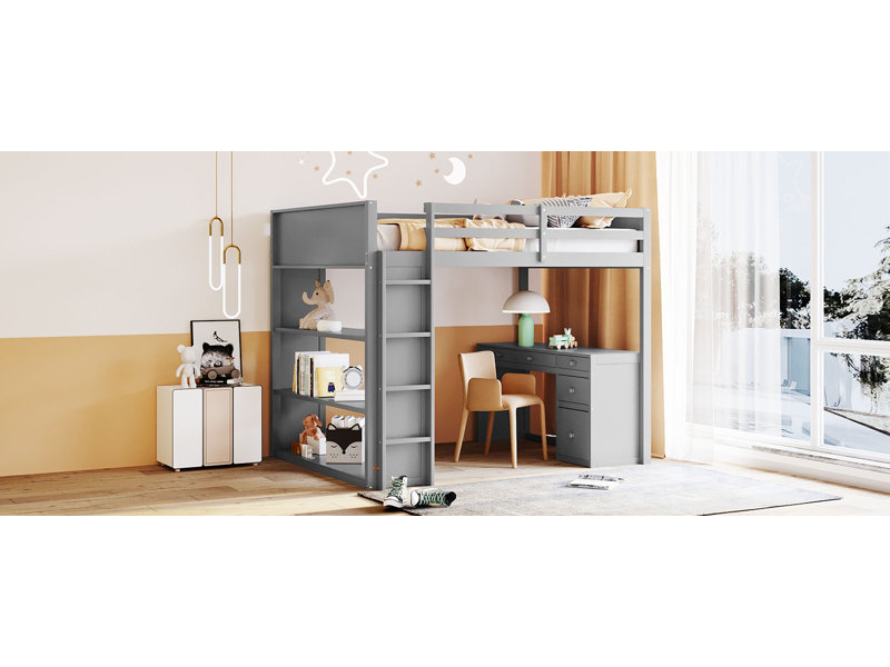 Lit mezzanine avec échelle, tablettes et bureau, Gris, Lit double