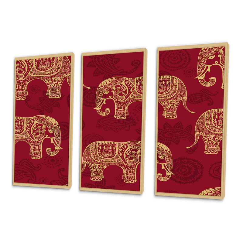 Indian Elephants on Red - 3 pièces, reproduction sur toile, H 20 po x l 36 po x P 1 po, Cadre brun