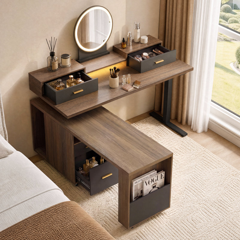Bureau debout électrique rotatif en forme de L de 61 po à 360 ° avec lumière DEL, classeur et moniteur pour Home Ofiice