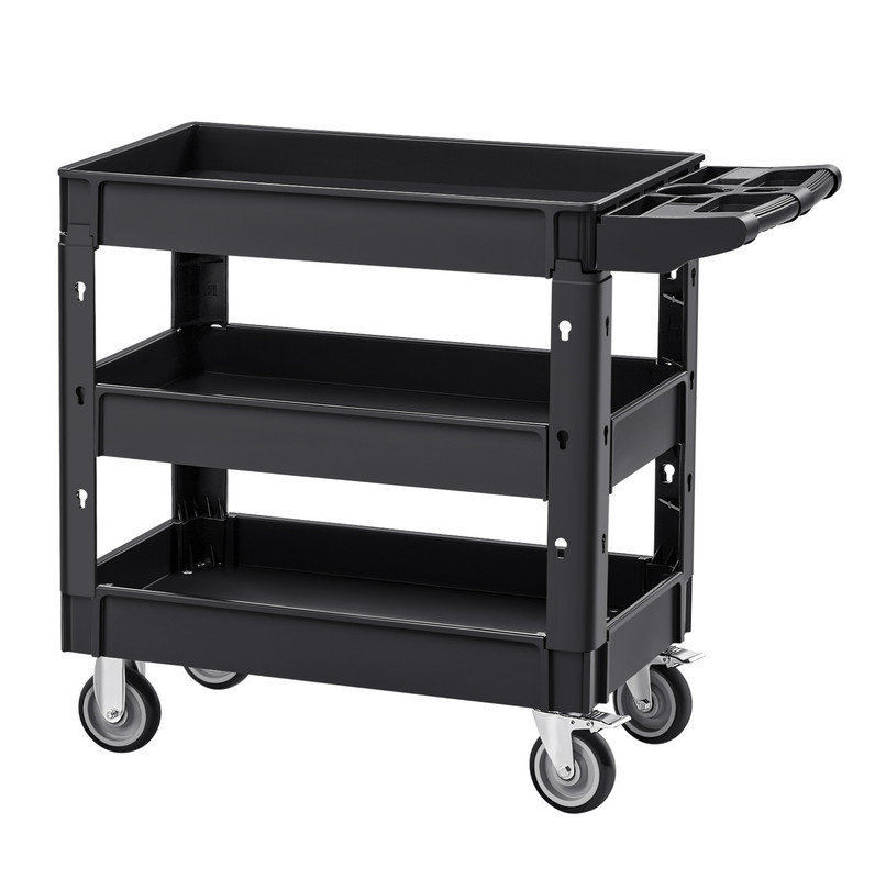 Chariot utilitaire, chariot utilitaire roulant en plastique robuste à 3 tablettes de 550 lb avec roulettes pivotantes à 360 ° (2 avec freins), tablette à bord moyen, poignée de rangement ergonomique pour entrepôt / garage / nettoyage