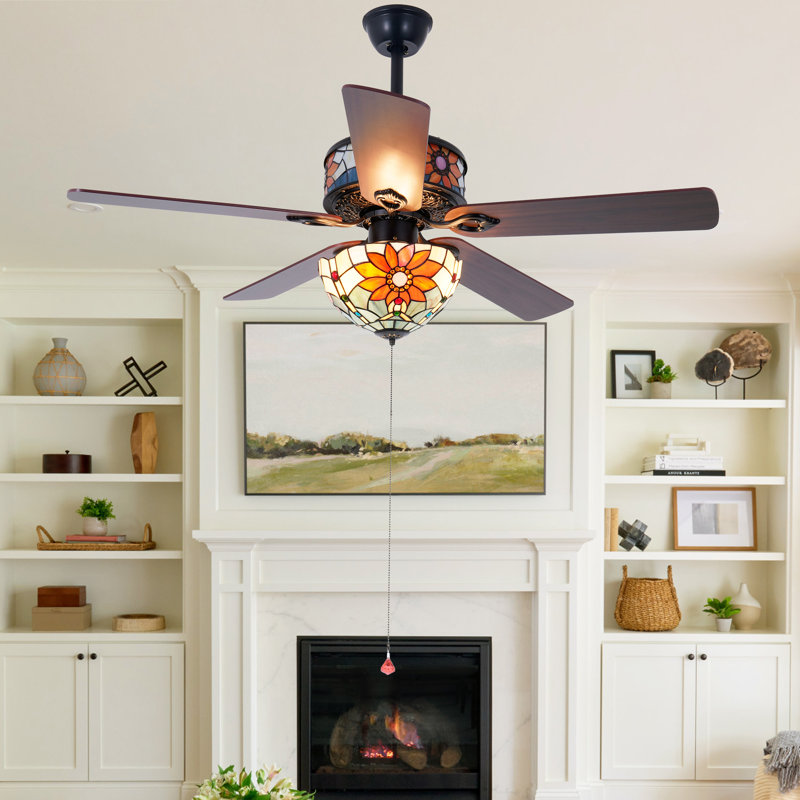 52" Reversible 5-blade Tiffany Ceiling Fan Stained Glass