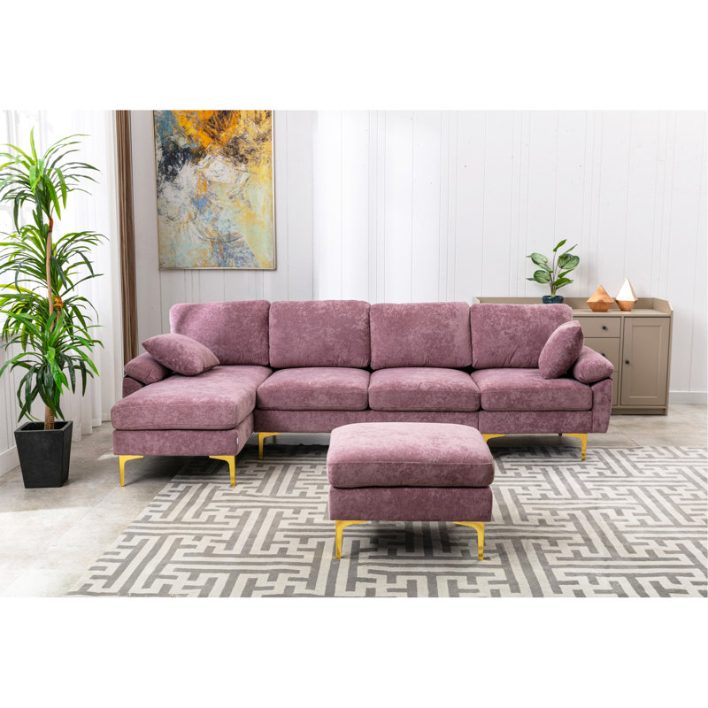 Canapé modulaire en U avec repose-pieds, Velours rose