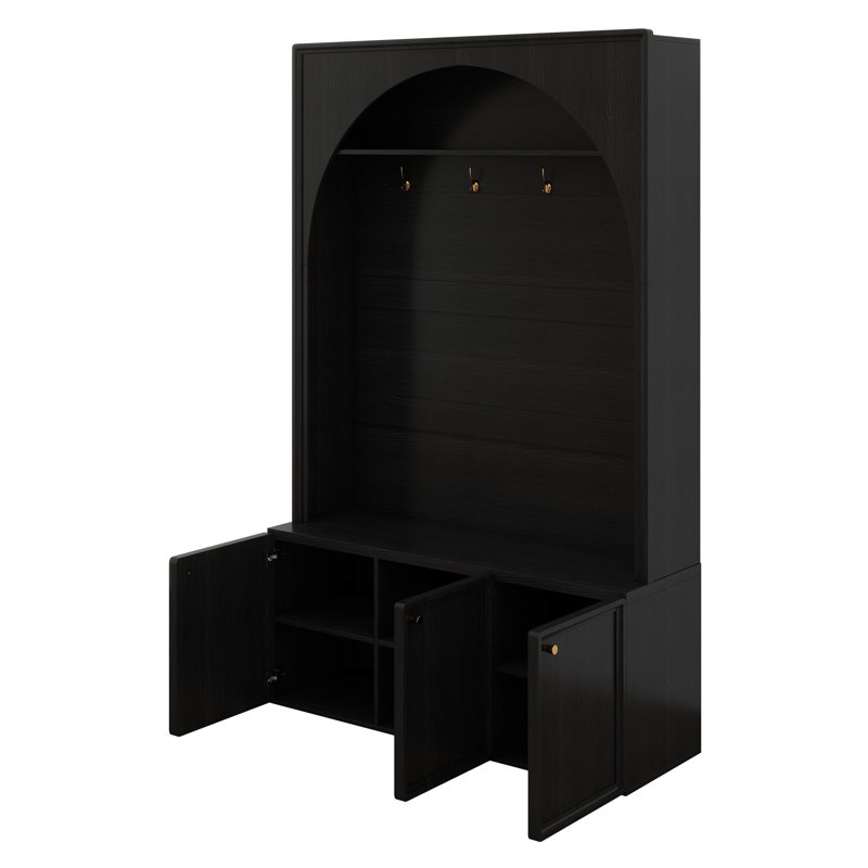 Arched Mudroon Coat Rack With Storage Bench, Hall Tree With 4 Hooks, Entryway Bench With 3 Cabinets And Adjustable Shelves