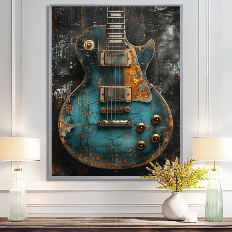  «Green Guitar Goddess Portrait - Music Jazz, reproduction d'art murale, Cadre argenté flottant, bois massif