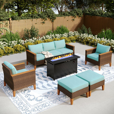 Phenice 7 - Person Outdoor Wicker Patio Conversation Furniture Set with Fire Pit Table