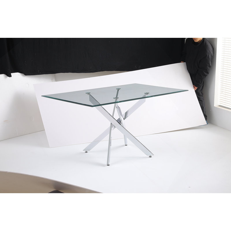 Rectangular Tempered Glass Dining Table With Legs, Silver, 29.53"H x 59.06"L x 35.43"W