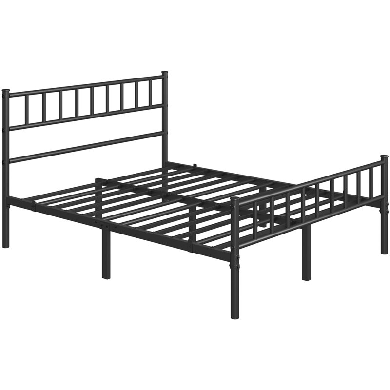 Minimalist Metal Bed Frame with Slatted Headboard, Black, Kingsize (5')