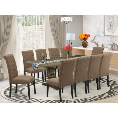 11 Piece Dining Table Set Includes a Rectangle Wooden Table with Removable Leaf and 10 Light Sable Linen Fabric Upholstered Chairs, Jacobean