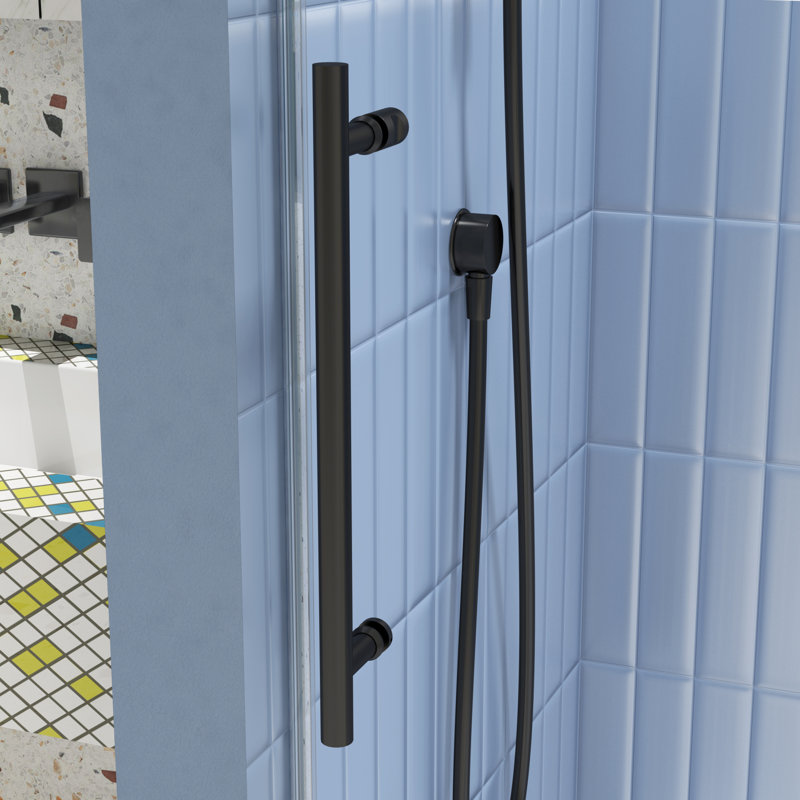 Porte de douche coulissante à fermeture en douceur avec verre trempé, finition noir mat pour les salles de bain modernes