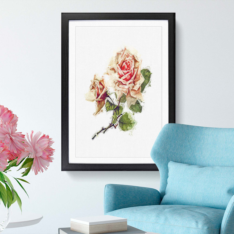 Pink Rose Illustration - Picture Frame Painting Print, 36cm H x 27cm W x 2cm D, Black Framed