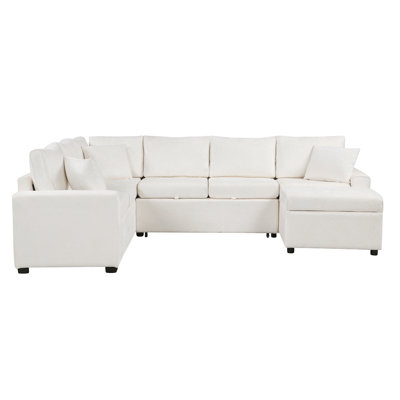 112.2" Sectional Sofa Pull-Out Sofa Bed Sleeper With A Storage Ottoman,Three Pillows And Charging Devices For Living Room, Cream