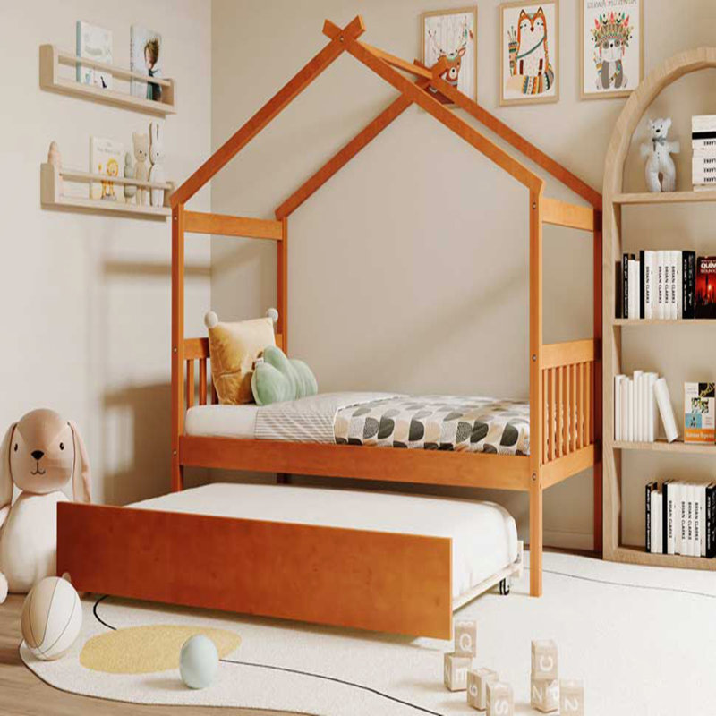 Lit simple en bois avec lit gigogne simple, noyer, Noyer, Simple
