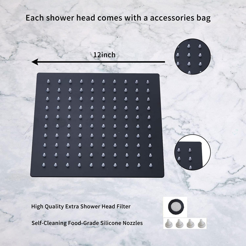 SH-12-Nickel-4  High Pressure Square Shower Head 12 Inches  With 15 Inch Shower Arm, Matte Black