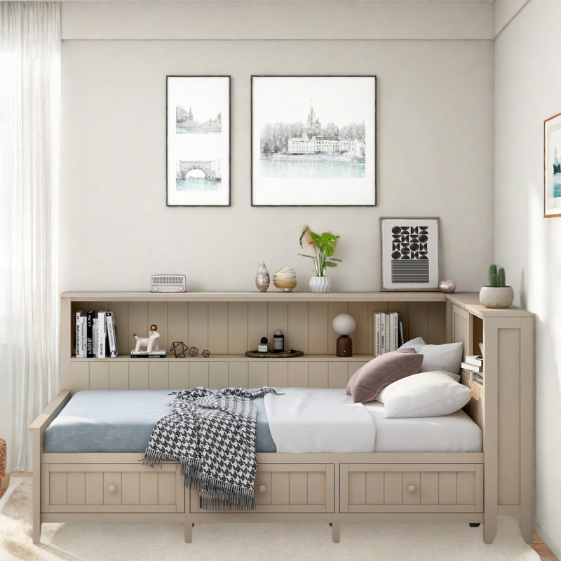 Lit de jour en bois avec tablettes de rangement, portes coulissantes et 3 tiroirs, Simple