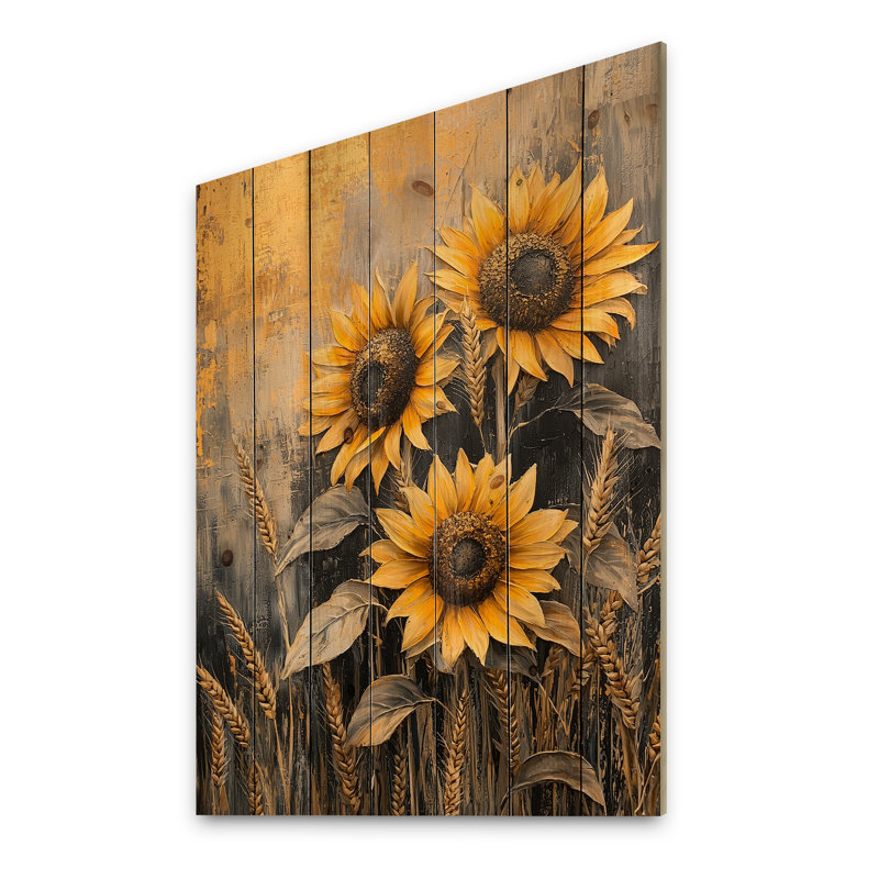 Tournesols dans un pré de blé II - décoration murale en bois de tournesols - sur bois de pin naturel