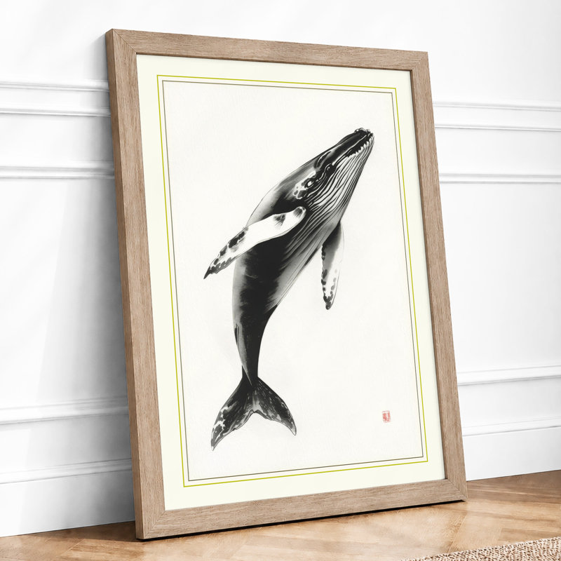 Breaching Whale Japandi - Framed Print, A4 - 29.7 x 21.0 cm, Oak