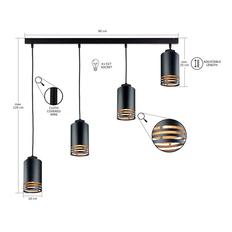 - Light Pendant, Black, 4 Lights
