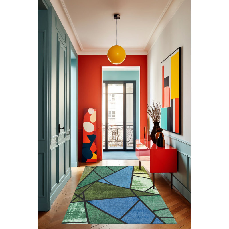 Tapis décoratif à motif géométrique triangulaire bleu-vert, Rectangle 4 pi 11,06 po x 7 pi 6,55 po