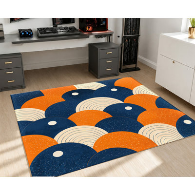 Tapis géométrique abstrait, motif de cercles bleus et oranges, imprimé artistique, tapis de sol antidérapant, décoration intérieure moderne pour salon, chambre, entrée, cuisine, balcon, appartement