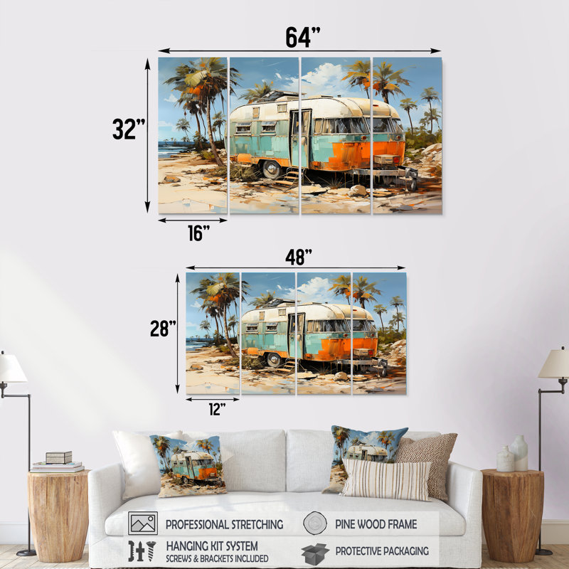 Pop Art Coastal Camping Van - Art mural de voyage 4 pièces pour le camping, H 32 po x l 64 po