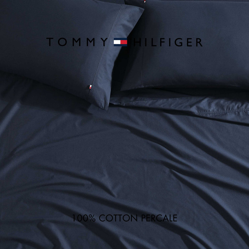 Tommy Hilfiger Solid Cotton Percale Sheet Set, Navy, Twin Extra Long Sheet Set with 1 Pillowcase