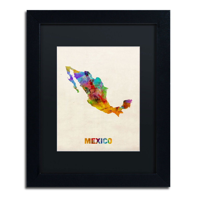 « mexico aquarelle map » par michael tompsett, impression encadrée, H 14 po x l 11 po, Noir