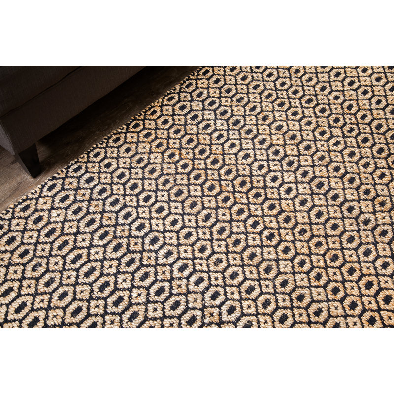 Handwoven Black and Tan Geometric Jute Cotton Rug, 4' x 6'