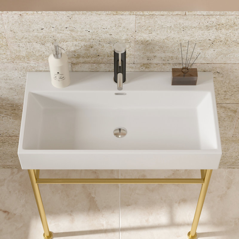 Console de lavabo à débordement 30 po, cuve en céramique blanche et pieds dorés brillants pour salle de bain