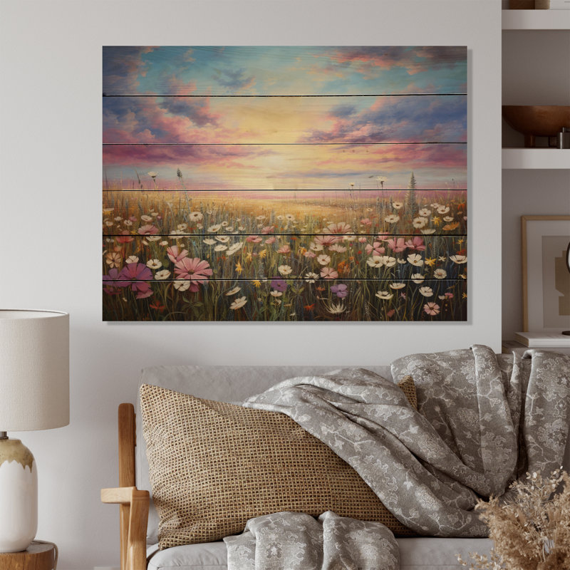 Fleurs de rose blanches et champs de sérénité sur bois, H 24 po x l 32 po x P 0,78 po