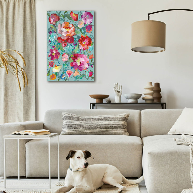  «Bright Floral Medley C Turquoise» par Danhui Nai, art mural en verre acrylique, H 36 po x l 24 po x P 0,2 po