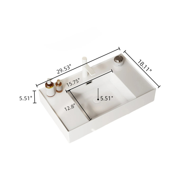 Meuble-lavabo de 30 po avec lavabo vasque, lavabo mural flottant rectangulaire en pierre reconstituée blanche sans robinet, étagère rayée