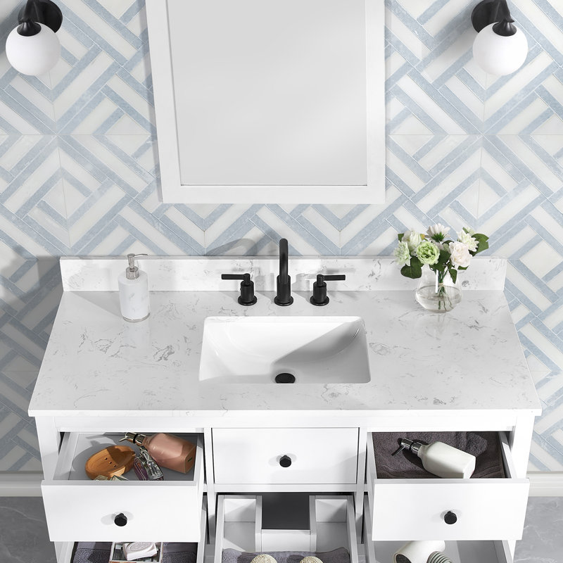 Encino 48" Single Vanity with Carrara White Quartz Top, Sink & Backsplash, Pre Assembled, 48.5" W x 21.5" D x 34.5" H, 48"