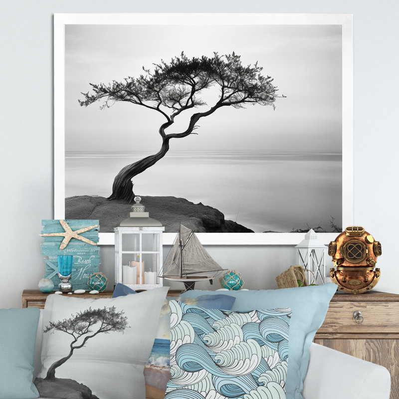 " Beach Solitude Tree Vision II ", 30" H x 40" W x 1.5" D, White Single Picture Framed