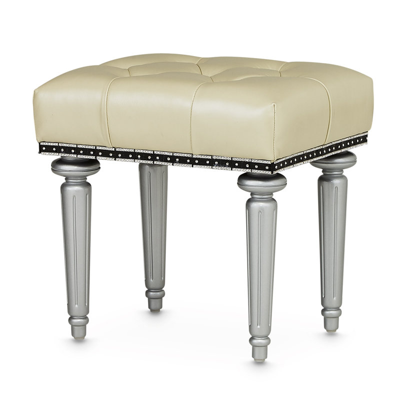 Hollywood Swank Leather Vanity Stool, Silver/Creamy Pearl
