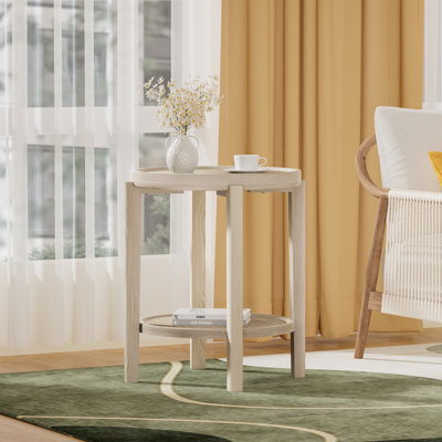 Ensemble de 2 tables de bout rondes en rotin 19 po avec rebord surélevé et tablette de rangement à 2 niveaux, blanc crème