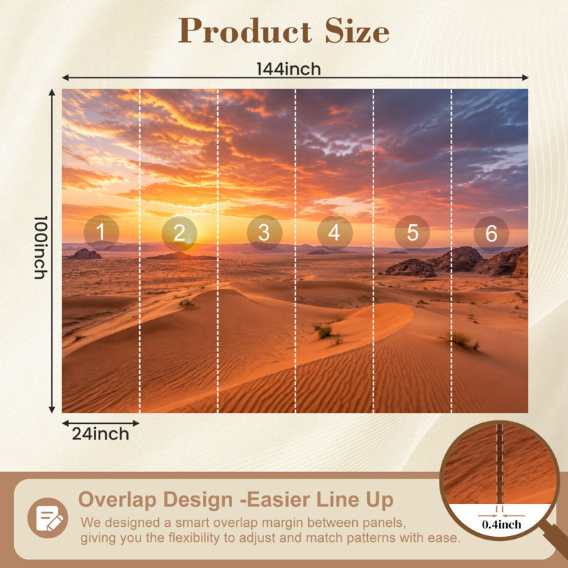 Papier peint adhésif « Coucher de soleil sur sable doré et ciel vibrant », fresque murale de 175 cm (H) x 244 cm (L), en PVC amovible et autocollant, pour chambre, salon ou bureau.