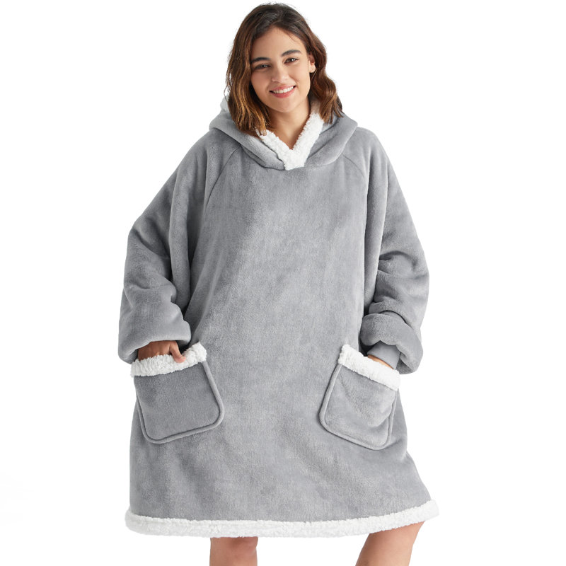 Couverture à capuchon avec douillette en sherpa 419GSM, Gris, Standard