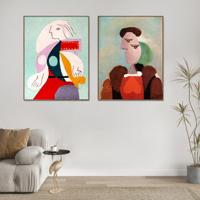 Ensemble de 2 toiles encadrées par Pablo Picasso, série d'art mural n ° 59 pour salon, décorations pour bureau à domicile (cadre de couleur bois mince, 24 po x 32 po chaque pièce)