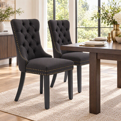 High-Back Tufted Linen Dining Chairs Set - Durable Wooden Frame With Exquisite Rivet Details,Set Of 2