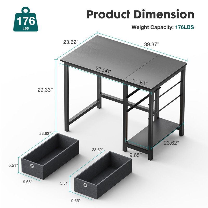 Computer Desk With Storage Drawers, Small Office Desk Modern Simple Study Writing Table For Home Bedroom, Spacious 40X24 Desktop With 2-Tier Drawer, Black