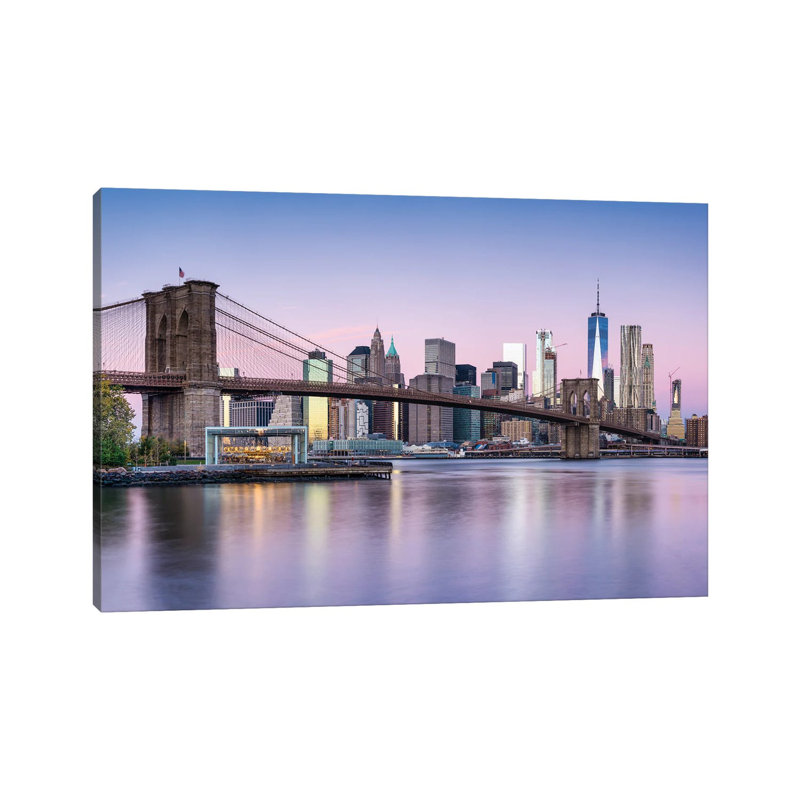 Pont de Brooklyn et horizon de Manhattan par un matin d'hiver, H 18 po x l 26 po x P 1,5 po