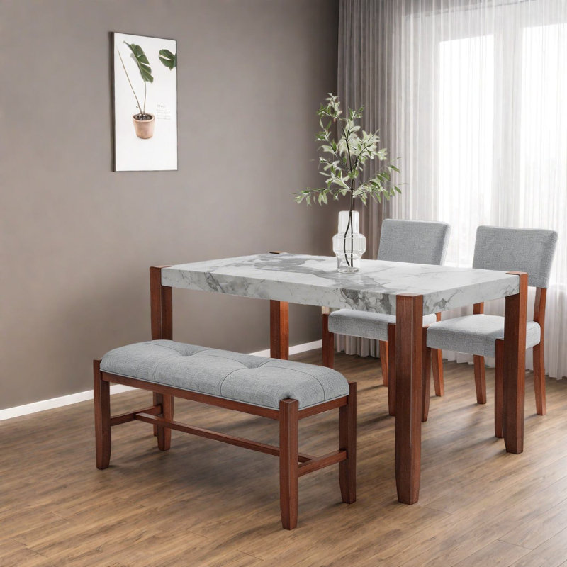 Ensemble de table de salle à manger moderne peu encombrant, plateau d'aspect marbre, pieds en bois